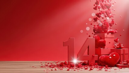 Valentine s day celebration with gifts and falling hearts on red background