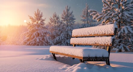 Snow covered park bench in a winter forest at sunrise