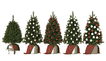 Festive Christmas Trees Showcase a Progression of Holiday Decorating with Red and White Ornaments and Elegant Skirts