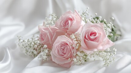 Obraz premium Light pink roses and baby’s breath bouquet on white silk fabric, elegant composition with soft lighting and clear focus.