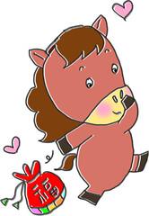 복주머니를 살짝 주는 정많은 붉은말 일러스트