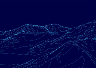 A stark blue and white line drawing depicts a mountain range with clean contour lines. The minimalist terrain illustration uses strong contrast against a dark background.