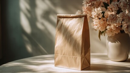 Light brown paper bag on table with soft sunlight illuminating texture and shape, elegant minimalist atmosphere.