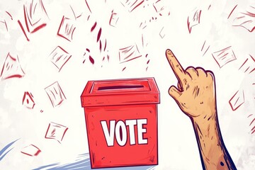 Cartoon person pointing at red ballot box with vote text, minimalist vector graphics on white paper texture background.