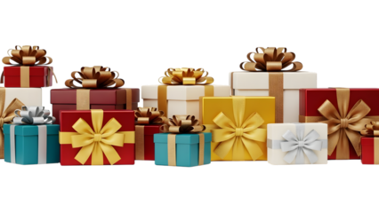 Collection of colorful gift boxes with ribbons isolated on transparent background