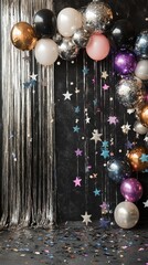 Elegant black silver New Year party backdrop with tinsel, stars, balloons, and confetti, metallic garlands and glittery decorations.