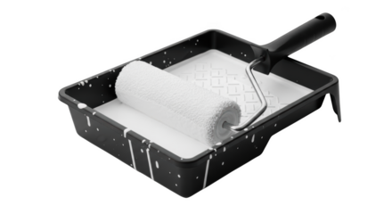 White paint roller in black paint tray with white splatters