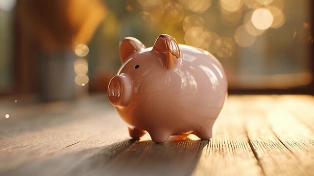 Micro saving routine inspires mindful coin saving with warm light pink ceramic piggy bank, wooden table budget finance money cozy hopeful atmosphere