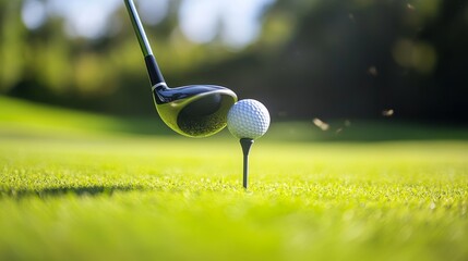 Close-up of golf driver hitting ball with motion blur on grassy fairway, focus on club head and blade design.