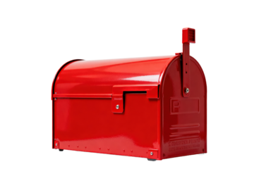 A bright red mailbox standing alone against a white background