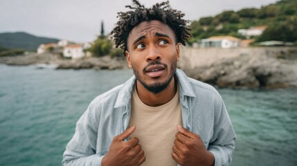 Young black man experiencing amazement and surprise while exploring a coastal town during travel
