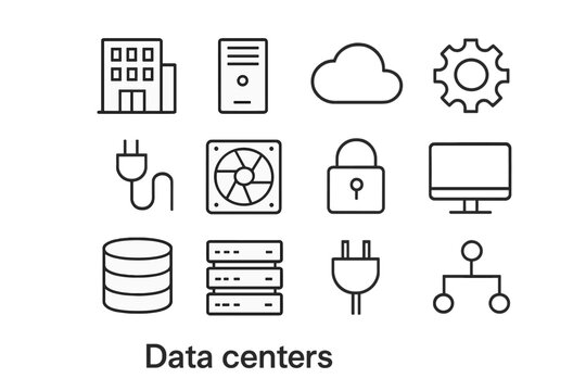 Data Center Icons. Data centers. Line outline icon set of data centers: building, server tower, cloud, gear,