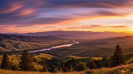 Sunset and sunrise mountain landscape with orange sky and clouds