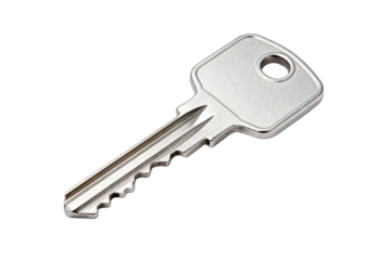 A metallic key with a serrated blade for unlocking doors or boxes