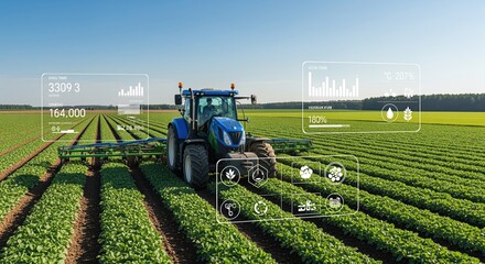 Blue tractor with digital data displays overlaying a green crop field. Shows modern farming technology with charts and icons for monitoring growth and moisture levels in agriculture operations.