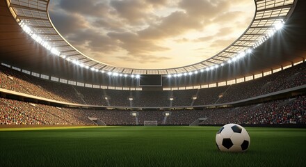 A soccer ball sits on green grass inside a large stadium filled with crowds. Bright lights shine under a dramatic sky. Perfect for sports events, football competitions, and athletic concepts.