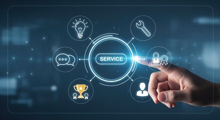 Hand touching digital service interface with connected icons including lightbulb, wrench, chat, trophy, and security symbols. Perfect for customer support, tech solutions, and business concepts.