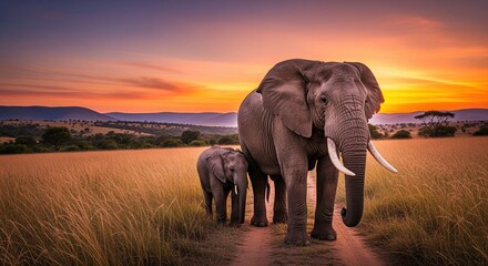 Obraz premium Mother elephant with baby calf walking on dirt path through golden grassland at sunset. Colorful sky with orange and purple hues. Perfect for wildlife, nature, and conservation themes.