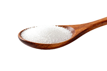 A wooden spoon filled with white granulated sugar