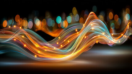 Long-exposure light trails in vivid colors forming abstract celebratory shapes, dark background, energetic New Year party vibe, dynamic motion, high-resolution abstract.
