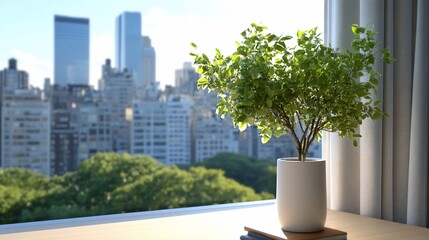 Serene Indoor Oasis Potted Plant with Cityscape View Soft Light and Calm Atmosphere.