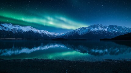 Aurora borealis over snow-capped mountains reflecting on lake at night, long exposure landscape with vivid blue and green lights.