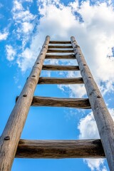 Wooden ladder leaning against bright blue sky with white clouds, symbolizing upward climb, growth, and success against clear backdrop.