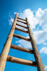 Wooden ladder leaning against bright blue sky with white clouds, symbolizing upward climb, growth, and success against clear backdrop.