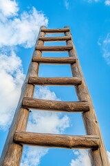 Wooden ladder leaning against bright blue sky with white clouds, symbolizing upward climb, growth, and success against clear backdrop.
