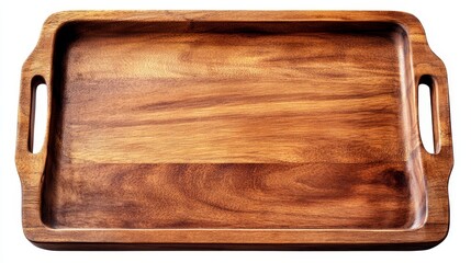 Wooden serving tray isolated on white background, flat lay top view for food and beverage presentation, minimalist rustic style.