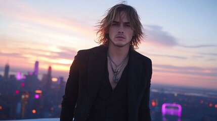 Stylish Man with Necklaces Posing on Rooftop at Sunset Over Cityscape.