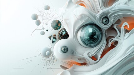 Surreal White Abstract with Spheres and Eyes Orange Accents High Detail.