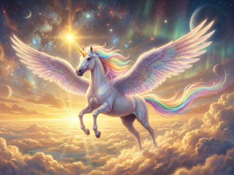 A majestic winged unicorn, featuring a vibrant rainbow mane, soars through the ethereal golden glow of the cosmic sky in this detailed fantasy digital illustration.