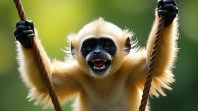 Video A monkey hanging from a rope with its mouth open, isolated on a white background