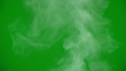 Realistic white smoke or steam effect rising slowly on an isolated green screen background perfect for overlay or compositing, creating a dramatic atmospheric scene