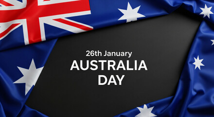 
Australian national flag draped around a dark surface with 26 january australia day text