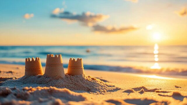 The breathtaking view of a sandcastle at sunset near the beach, complemented by a serene and tranquil ocean view, creates an idyllic atmosphere that perfectly captures the essence of summer vacations