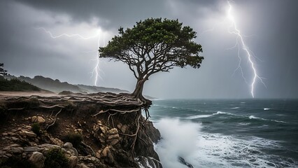 Dramatic lightning strikes illuminate a lone tree on a coastal cliff during a storm