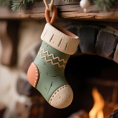 Macro Clay Model Christmas Stocking Cottagecore Illustration.