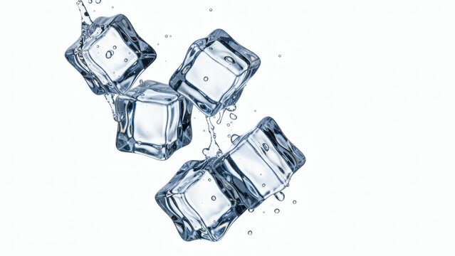 Refreshing ice cubes falling and splashing water on a clean white background