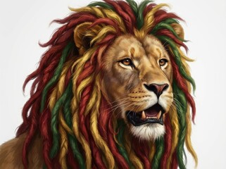 A detailed digital illustration captures a majestic lion displaying its vibrant rasta-colored mane in a close-up portrait, isolated on a clean white background.