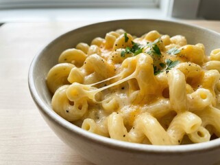 A comforting, golden yellow bowl of macaroni and cheese is captured in a close-up, naturally lit shot, showing a delicious, stretchy cheese pull on a wooden countertop.