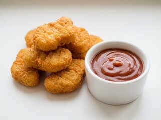 A close-up studio shot of golden brown, crispy chicken nuggets ready for dipping in a white bowl of rich sauce on a clean white background, emphasizing fast food indulgence.