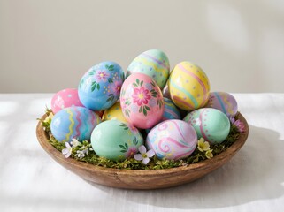 This bright, cheerful close-up displays hand-painted easter eggs in vibrant pastel colors, resting in a rustic wooden bowl with moss on a clean white tabletop.