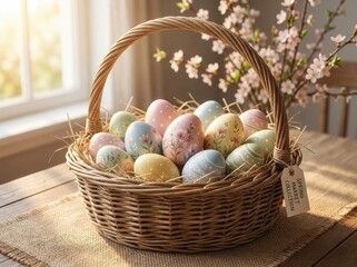 This bright, cheerful close-up captures a wicker easter basket filled with pastel decorated eggs resting on a rustic wooden table near a sunny window.