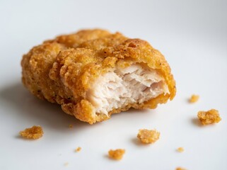 A detailed macro close-up captures an appetizing golden brown chicken nugget, bitten open to reveal the white meat interior and crispy texture, resting on a clean white plate.