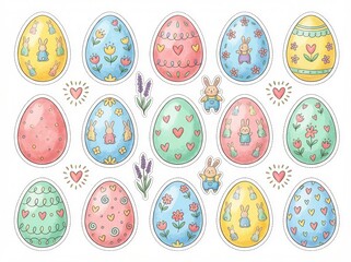 Fifteen cheerful pastel easter eggs, beautifully decorated with hearts and bunnies in a cute watercolor illustration style, isolated on a white background.