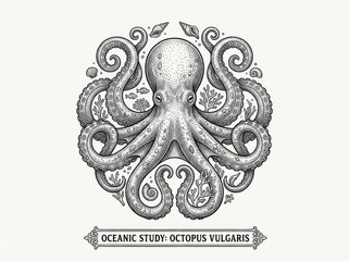Monochromatic vintage vector illustration of a majestic octopus symmetrically centered and surrounded by detailed marine life, isolated on a clean white background.