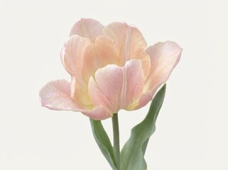 A serene, high key close-up showcases the delicate beauty of a single pastel pink double tulip with ruffled petals isolated on a bright white studio background.
