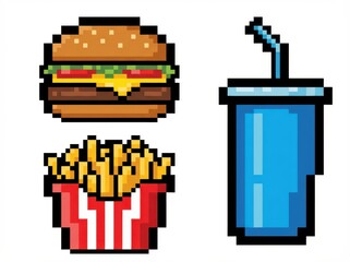 This bright, retro 8-bit pixel art illustration depicts a classic fast food meal, featuring a cheeseburger, french fries, and a blue soda cup, isolated on a white background.